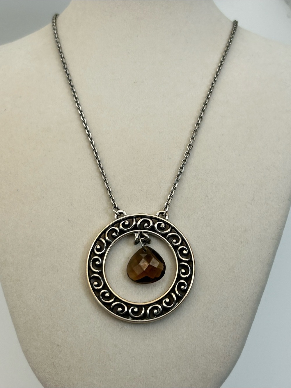 Brighton Crystal Ball Pendant Necklace Silver Plated Brown Stone 20"